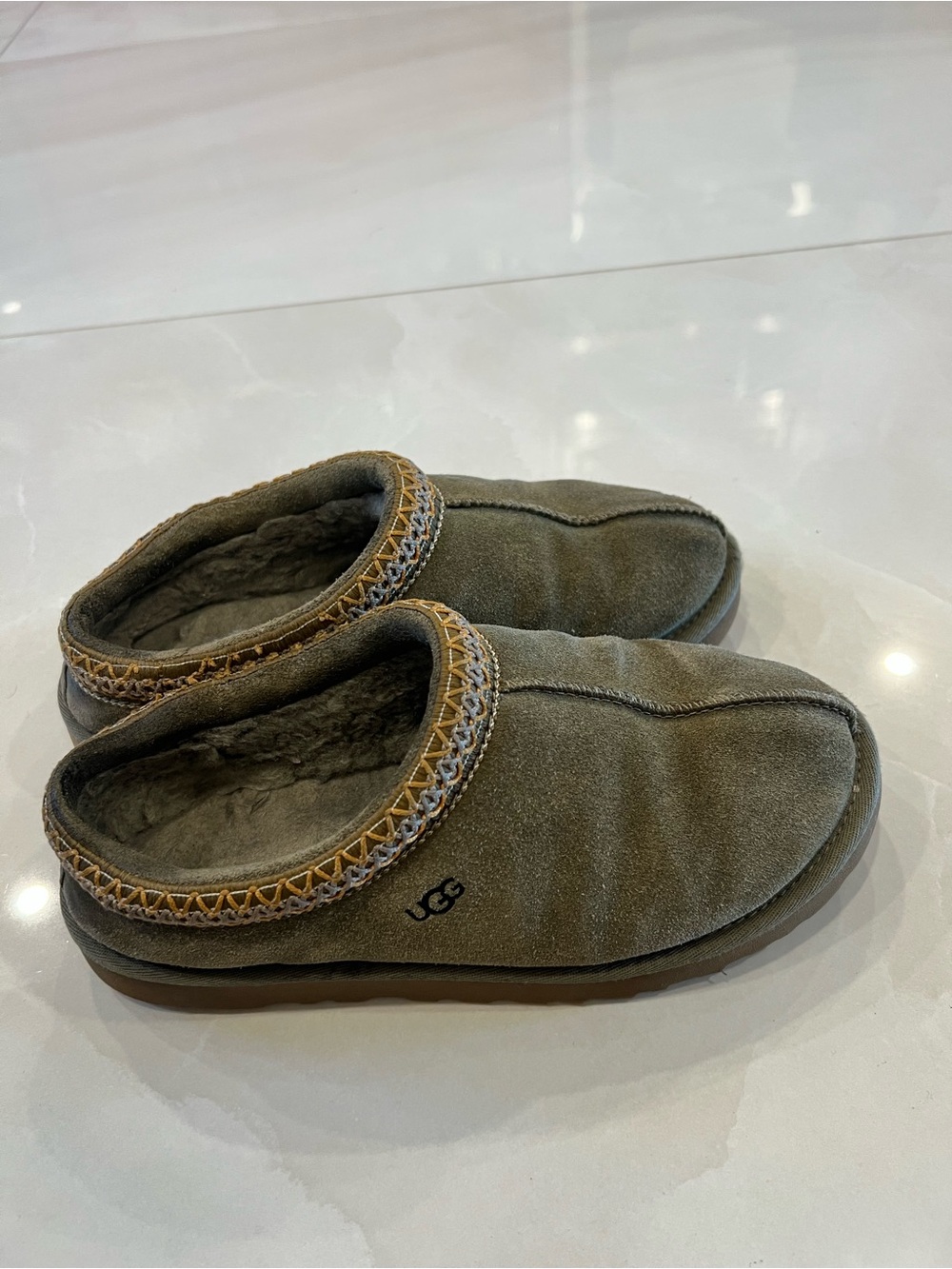 UGG Olive Green Suede Shearling Slip-On Slippers - Picture 3 of 7